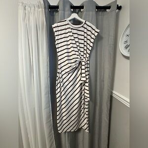 Striped White and Brown Knot-Front Midi Dress